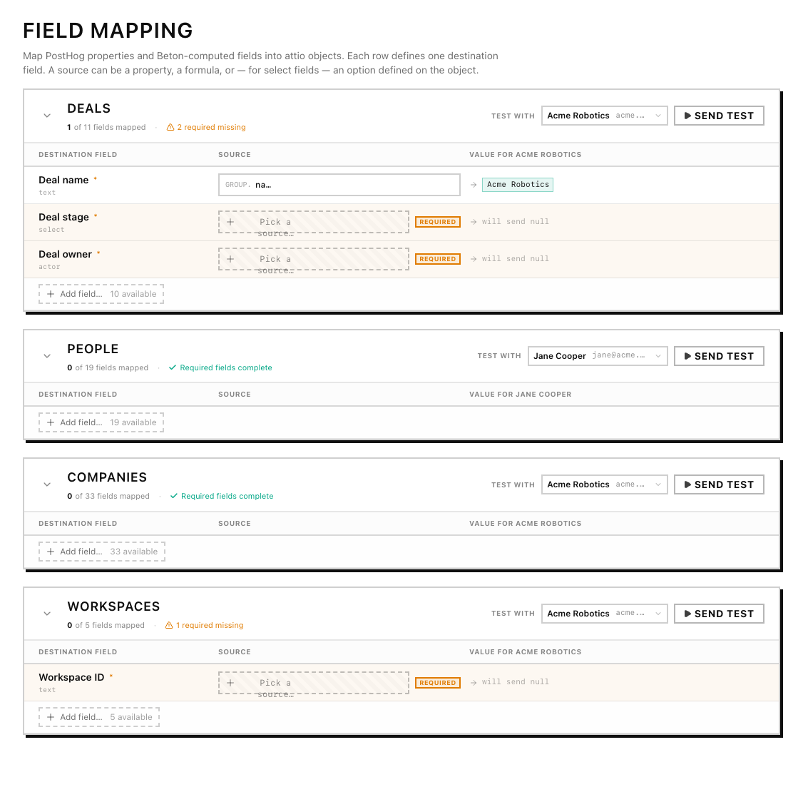 Field mapping wizard — DEALS / PEOPLE / COMPANIES / WORKSPACES with per-row source pickers and inline test sends