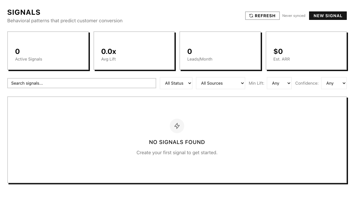 Signals page on the new design — semantic ACTIVE/DRAFT/CUSTOM badges, statcards with shadow borders, lift colors