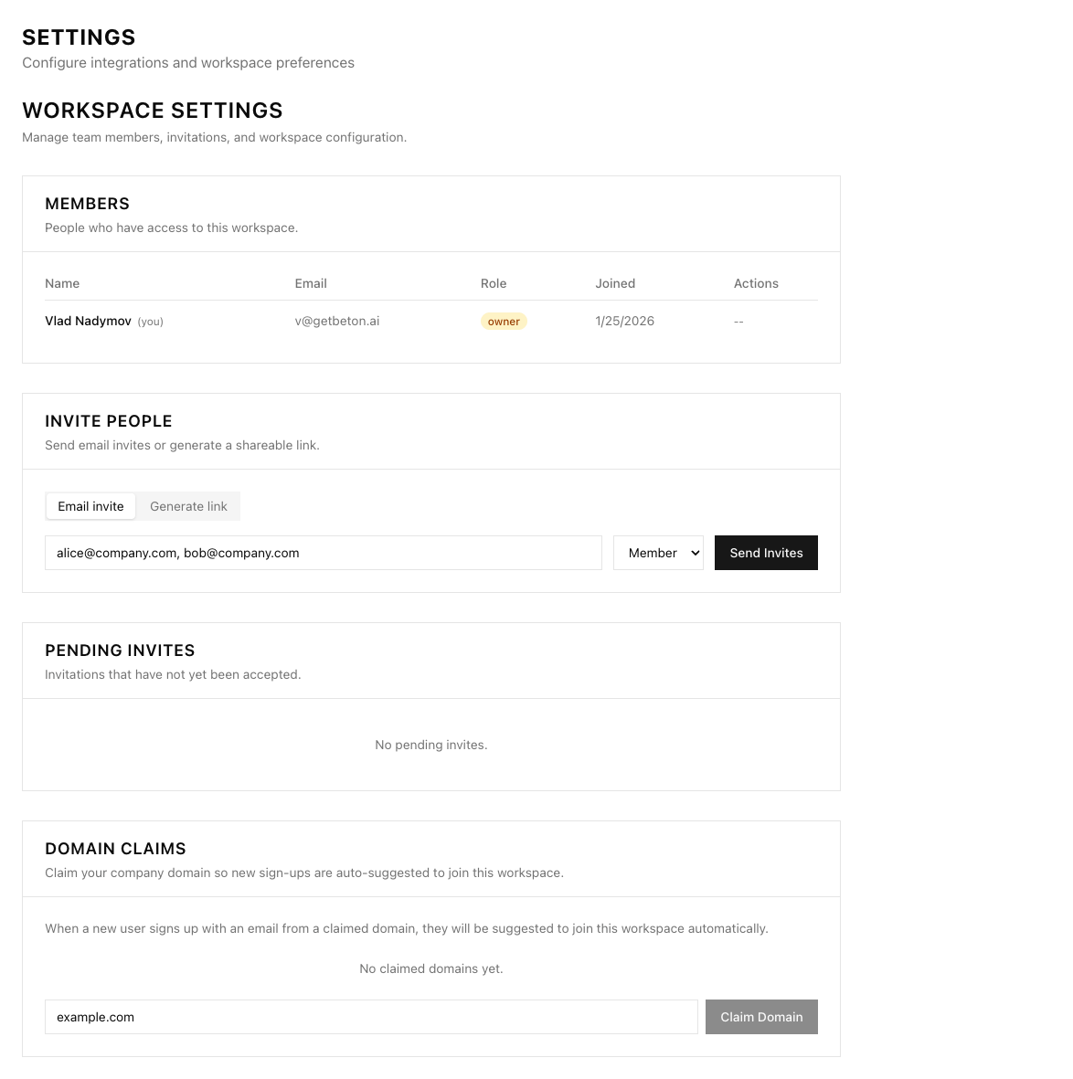 Workspace settings — members, email/link invites, pending invites, domain claims